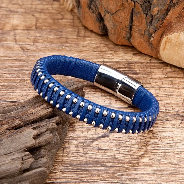 Wholesale Handmade Fashion Stainless Steel Leather Bracelet Men