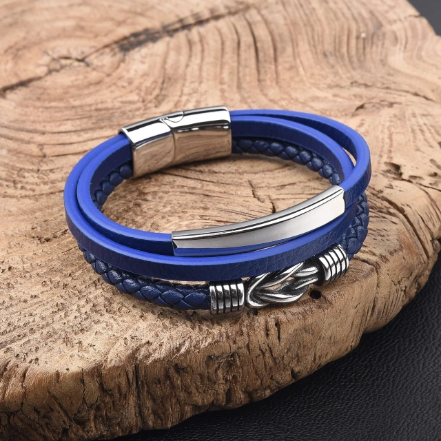 Luxury Silver Stainless Steel Bracelet Men Women Jewelry Blue Leather Multilayer Woven Leather Bracelet Braided