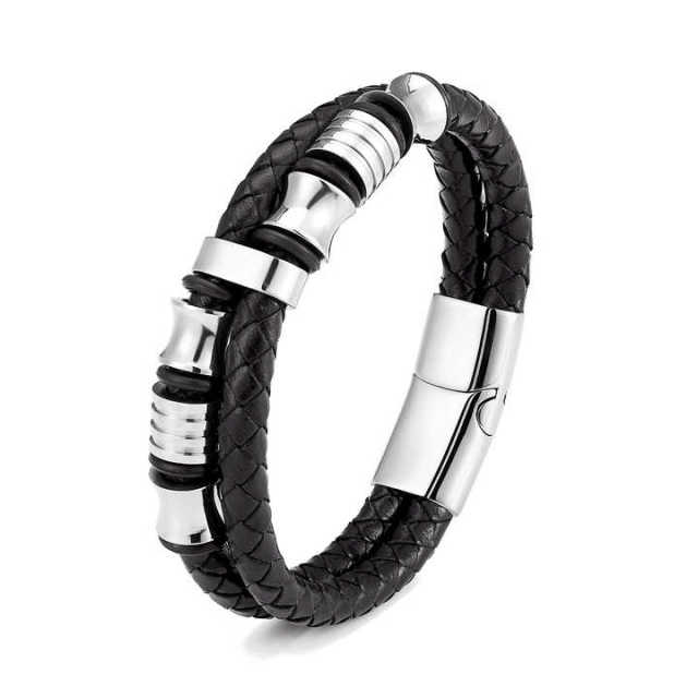 Fashion Trend Luxury Mens Fashion Jewelry Stainless Steel Chain Leather Bracelet for Men Trendy Male Wristband