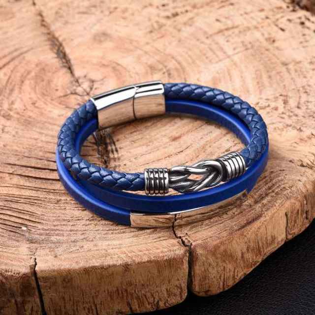 Luxury Silver Stainless Steel Bracelet Men Women Jewelry Blue Leather Multilayer Woven Leather Bracelet Braided