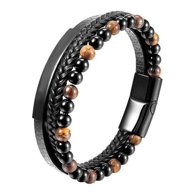 Punk Fashion Black Volcanic Stone Mens Trendy Bracelet High Quality Bracelets Man Natural Stone Bead Leather and Steel Bracelets