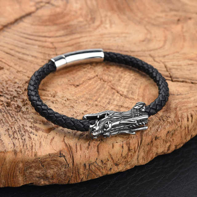 Fashion Jewelry Stainless Steel Jewelry Custom Silver Black Men Leather Bracelet Stainless Steel Bracelet