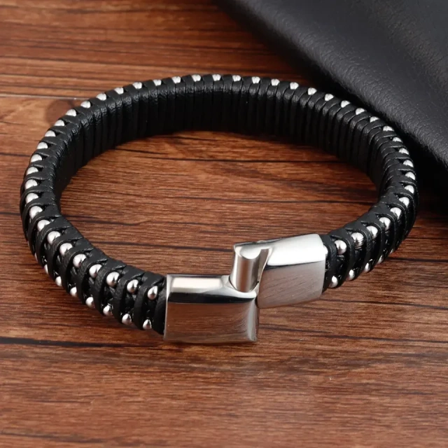 Luxury Jewelry 3 Strand Black Braided Leather Bracelet Braided Stainless Steel Bracelet for Men