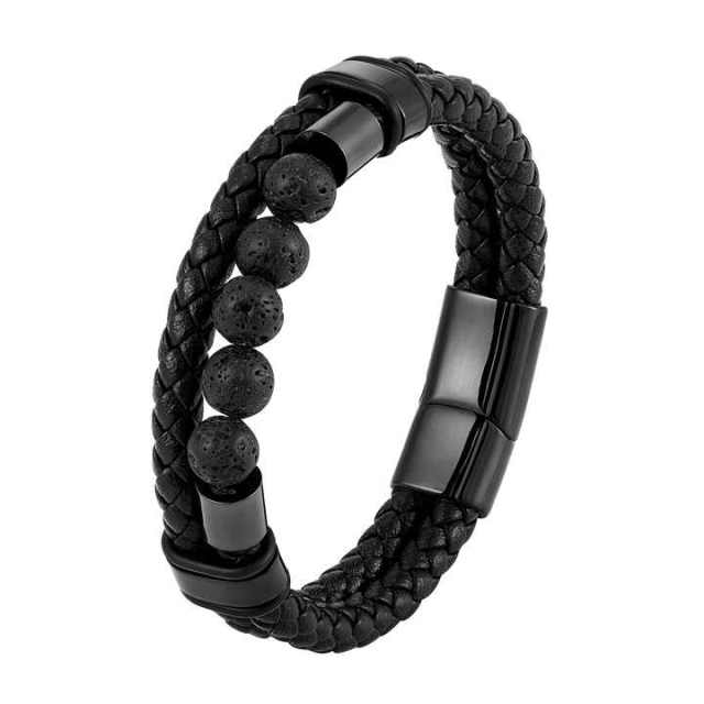 Fashion Jewelry Personalized Men Bracelet Homme Volcanic Rock Black Stainless Steel Leather Bracelet for Men Magnetic Clasp C