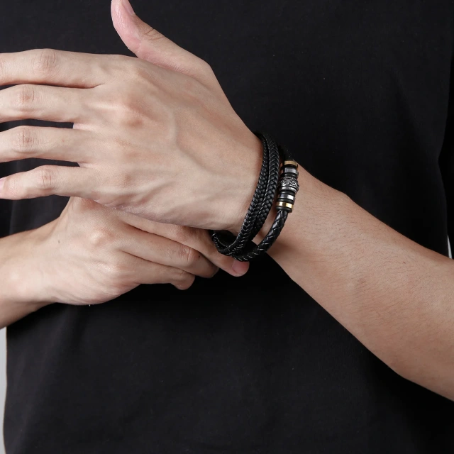 2024 Men's Stainless Steel Multi-Layer Braided Leather Bracelet with Titanium Steel Magnetic Clasp Fashionable Bangles