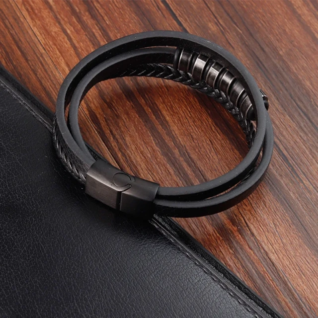 Classic Black Bracelet Wristband Magnetic Clasp Multi Layer Braid Leather Bracelet for Men Gift