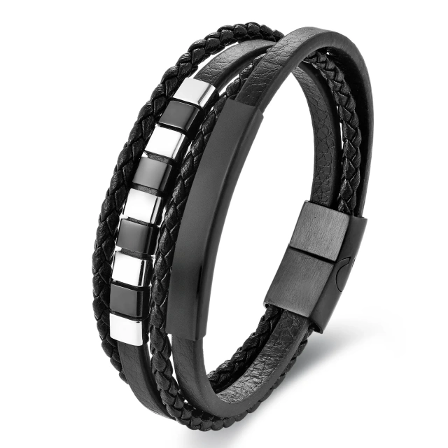 Handmade Multi Layer Braided Genuine Leather Bracelet Pvd Black Stainless Steel Magnetic Clasp Leather Bracelet Men's Jewelry
