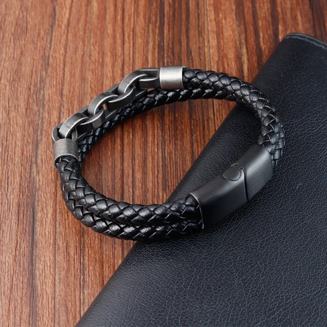 Titanium Steel Men Leather Bracelet 316L Stainless Steel Braided Black Mens Leather Bracelet Engrave logo Accepted