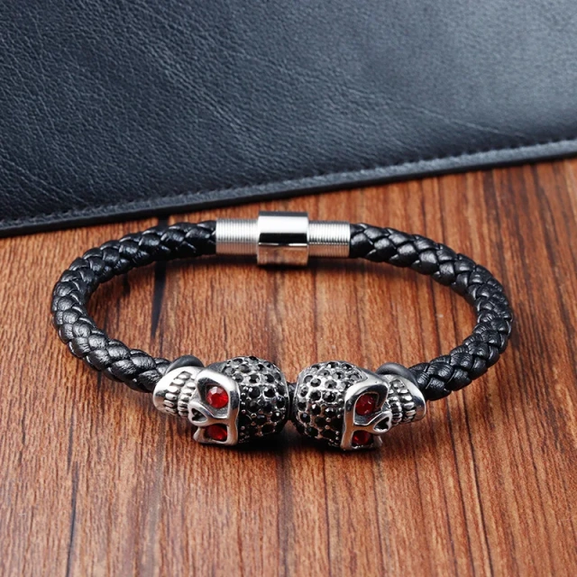 Personalized Stainless Steel 21CM Leather Braided Bracelet Black Skull Wrap Bracelet Skull Bracelets for Men