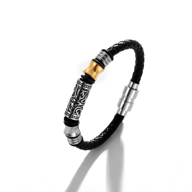 2023 New Punk Black Brown Braid Leather Bracelets Men Cool Stainless Steel Bracelets