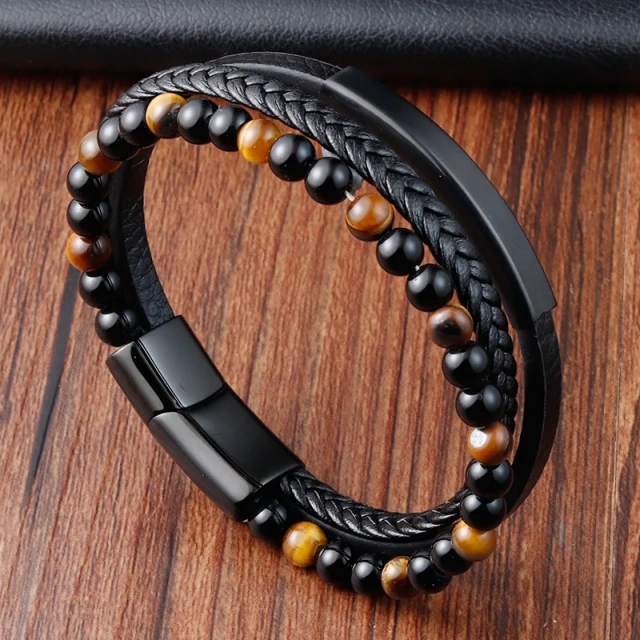 Punk Fashion Black Volcanic Stone Mens Trendy Bracelet High Quality Bracelets Man Natural Stone Bead Leather and Steel Bracelets