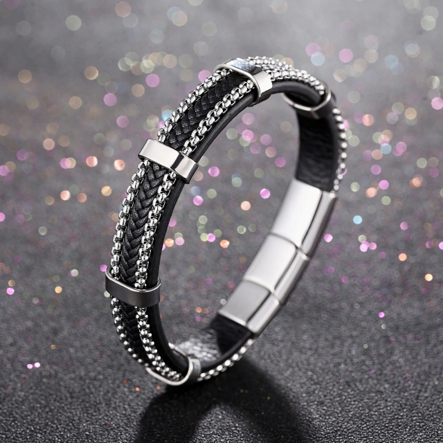 High Quality Fashion Jewelry Custom 21cm Black Stainless Steel Bracelet for Men Leather Bracelet