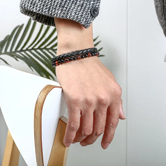 Popular Design Unisex Black Mens Leather Bracelet Bead Braided Bracelet Stainless Steel Jewelry Bracelets