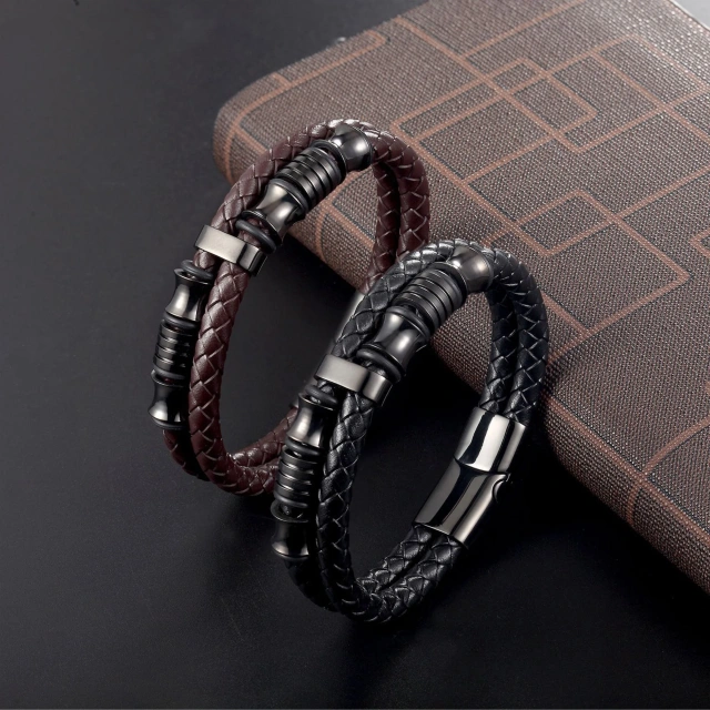 Customized Men Magnetic Bracelet Homme Accessories Jewelry Leather Pulseras Stainless Steel Leather Bracelet for Men