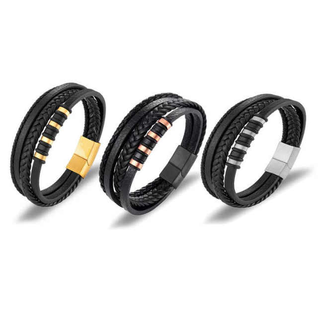 Personalized Stylish Custom Gold Leather Bracelet Braided Stainless Steel Bracelet Men