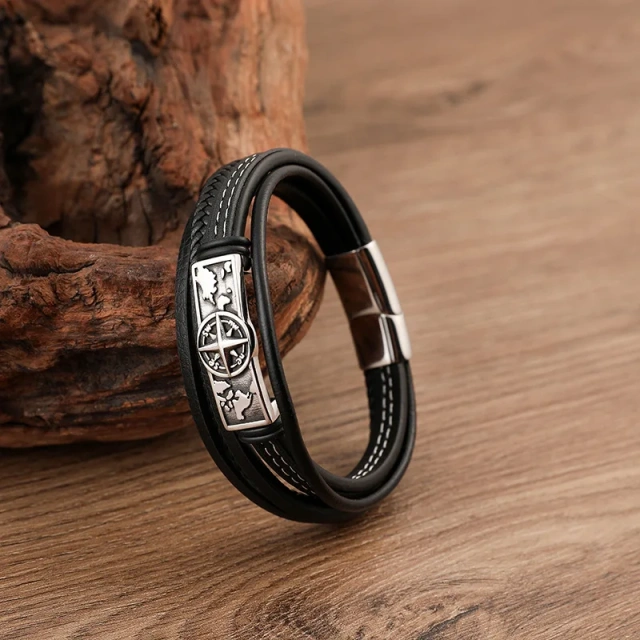 Custom Wholesale Fashion Simple Design Stainless Steel Blank Charm Engrave Mens Design Multi Layers Braided Leather Bracelet