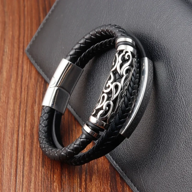 Handmade Stainless Steel Men's Bracelets with Gold Plating Custom Leather Strand Bracelets for Anniversaries