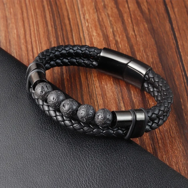 Fashion Jewelry Personalized Men Bracelet Homme Volcanic Rock Black Stainless Steel Leather Bracelet for Men Magnetic Clasp C