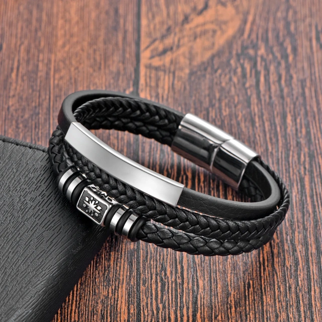 New Design High Quality Stainless Steel Men Bracelet Genuine Leather Braided Bracelet With Custom Logo