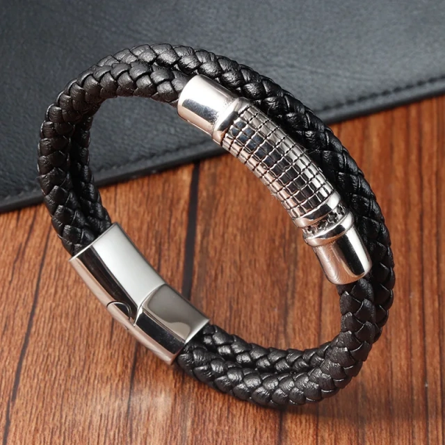 High Quality Men Luxury Fashion Jewelry Rope Leather Bracelet with Stainless Steel and Leather Bracelet