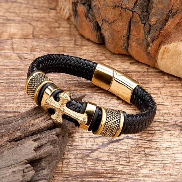 Personalised Wholesale Stainless Steel Gold Bracelet Men Leather