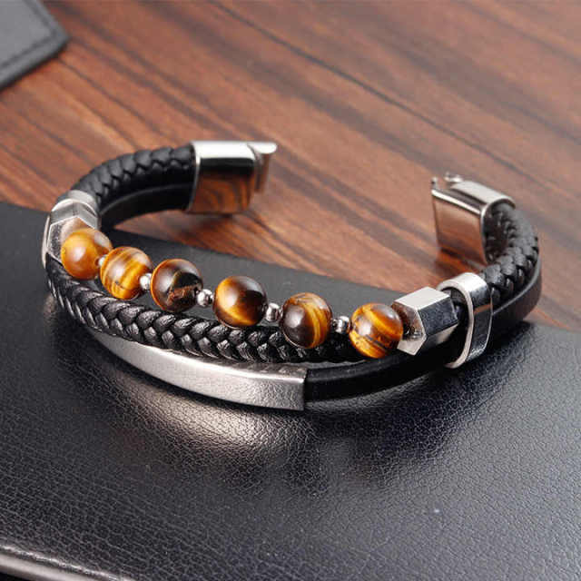 Fashion Jewelry High Quality Stainless Steel Genuine Leather Bracelet for Men Natural Stone Beads Bracelet Braided Magneti