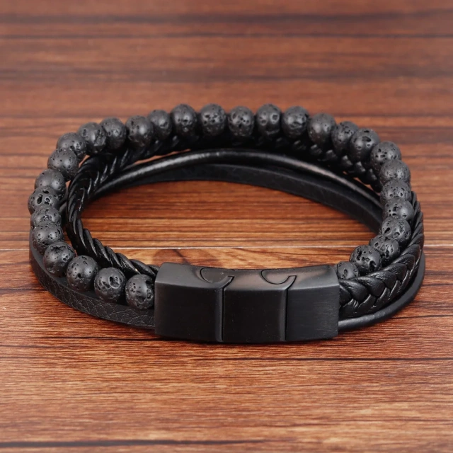 Braided Bracelet Natural Stone Lava Volcanic Stone Stainless Steel Bracelet Black Leather Bracelet for Men