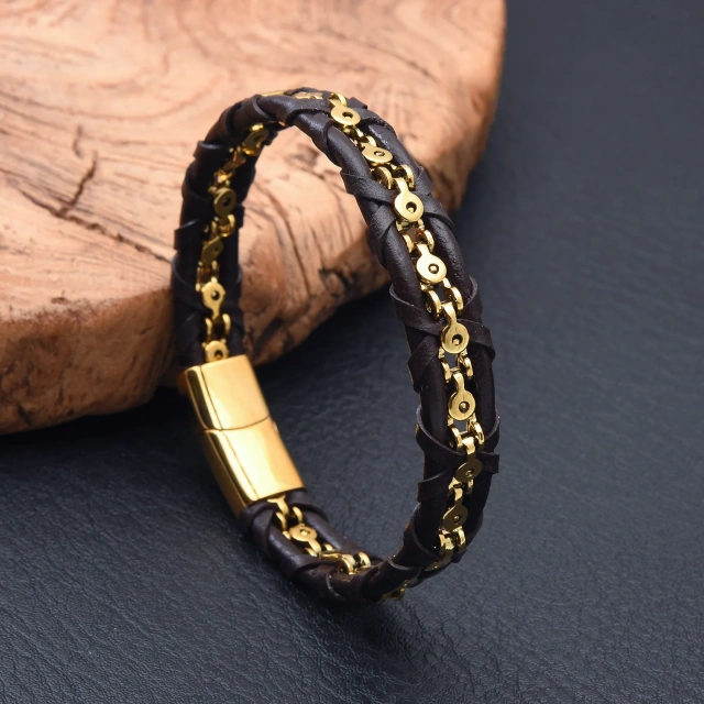 Factory Fashion Jewelry Leather Bracelet Waterproof Gold Black Stainless Steel Bracelet for Men