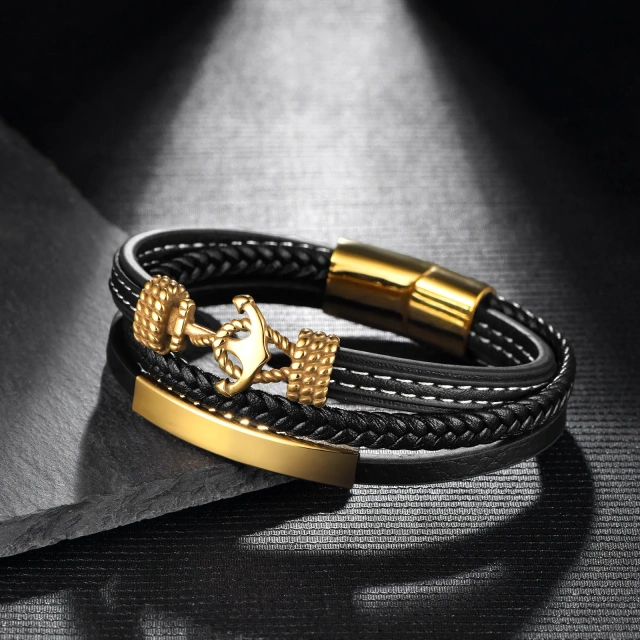 Fast Shipping Custom Steel Magnet Clasp Leather Cord Mens Bracelet Anchor Leather Bracelet Fashion Jewelry Bracelet