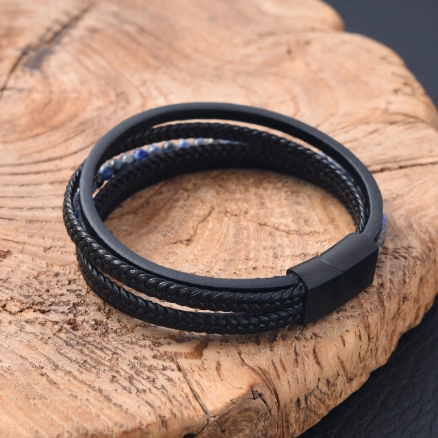 Fashion Jewelry Custom Natural Stone Black Men Leather Bracelet Stainless Steel Bracelet Multi-layer Braided Hand Rope