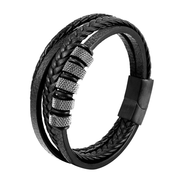 Men's Jewelry Double Layer Metal Stainless Steel Genuine Leather Braided Bracelet Handmade Multilayer Leather Bracelet