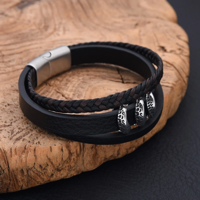 Popular Braided Leather Men Bracelet Stainless Steel Magnetic Clasp Leather Braided Chain Bracelet for Men