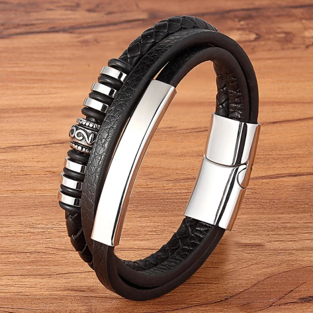 Wholesale Genuine Leather Men Bracelet High Quality 316l Stainless Steel Multi Layer Bracelet Jewelry