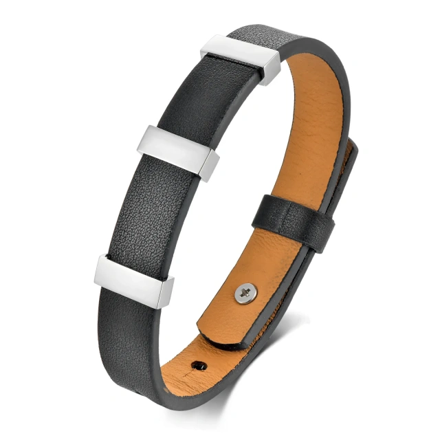 Simple Smooth Stainless Steel Cowhide Bracelet for Men Unique Leather Fashion Bangle with Laser Design