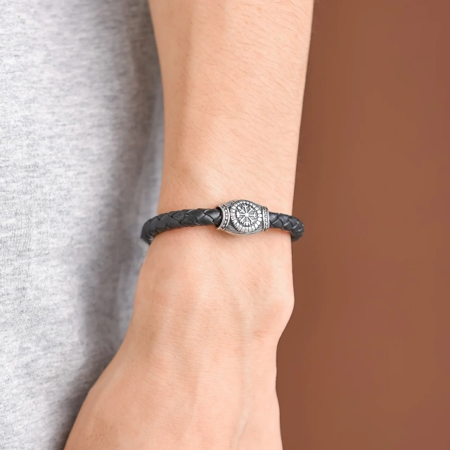 Vintage Mens Pulseras Jewelry Homme Stainless Steel Beads Black Brown Wide Genuine Leather Bracelets & Bangles