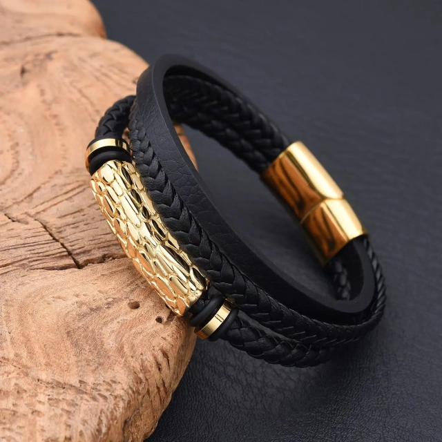 Factory Supplier Directly Sell Gold Plated 316L Stainless Steel Leather Bracelet for Men