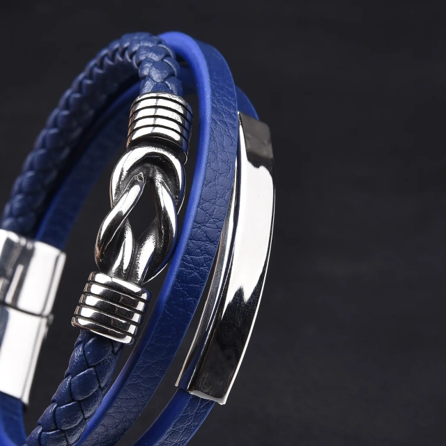Luxury Silver Stainless Steel Bracelet Men Women Jewelry Blue Leather Multilayer Woven Leather Bracelet Braided