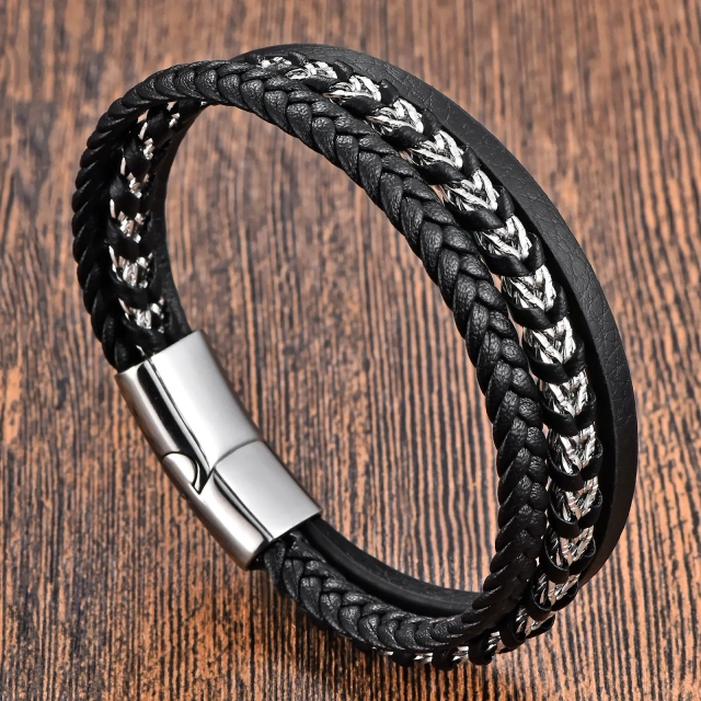 Multi-layer Genuine Leather Bracelet Wristband Blended With 316l Stainless Steel Chain & Magnetic Clasp | Durable Men's Bracelet