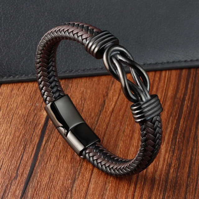 Spot Sale Punk Stainless Steel Knot Bracelet Men's Woven Brown and Black Leather Bracelet