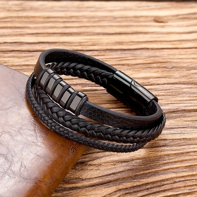 Men's Multi-Strand Braided Leather Chain Bracelet with Magnetic Closure