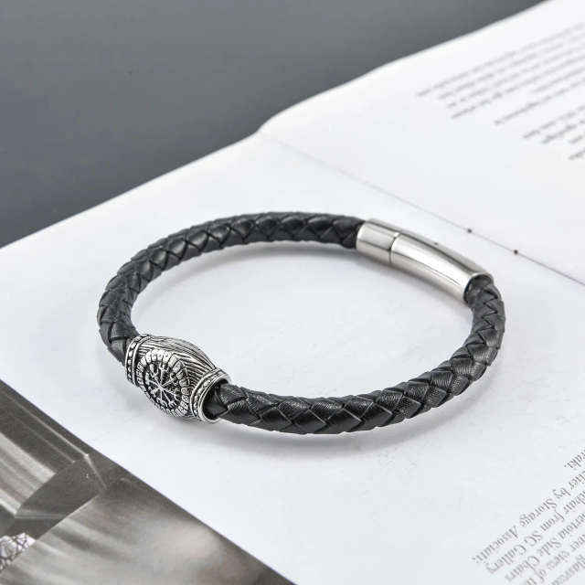 Vintage Mens Pulseras Jewelry Homme Stainless Steel Beads Black Brown Wide Genuine Leather Bracelets & Bangles