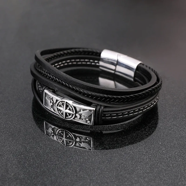 Custom Wholesale Fashion Simple Design Stainless Steel Blank Charm Engrave Mens Design Multi Layers Braided Leather Bracelet