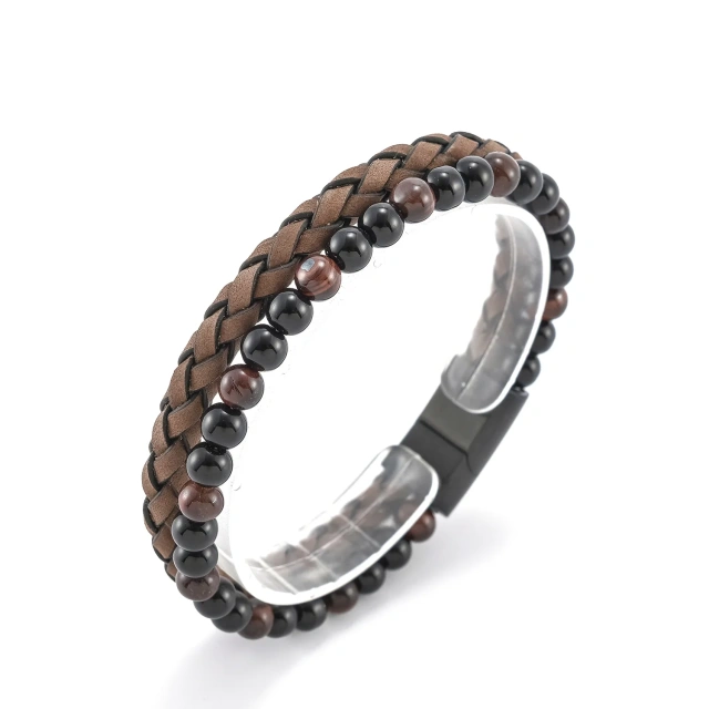 Double Layers Braided Leather Wrap Bracelets Lava Tiger Eye Natural Stone Beaded Bracelet Magnetic Clasp Leather Bracelet for Me