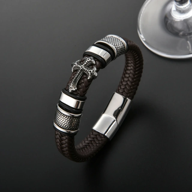 Men's Fashion Charm Bracelets Woven Cross with Stainless Steel New Magnetic Buckle Wholesale Leather Bracelets