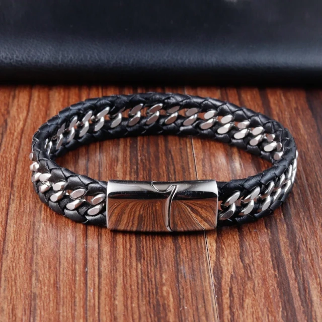 Wholesale Fashion Men Stainless Steel Clasp Black Leather Bracelets for Leather Men Bracelet