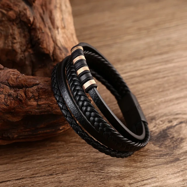 Personalized Stylish Custom Gold Leather Bracelet Braided Stainless Steel Bracelet Men
