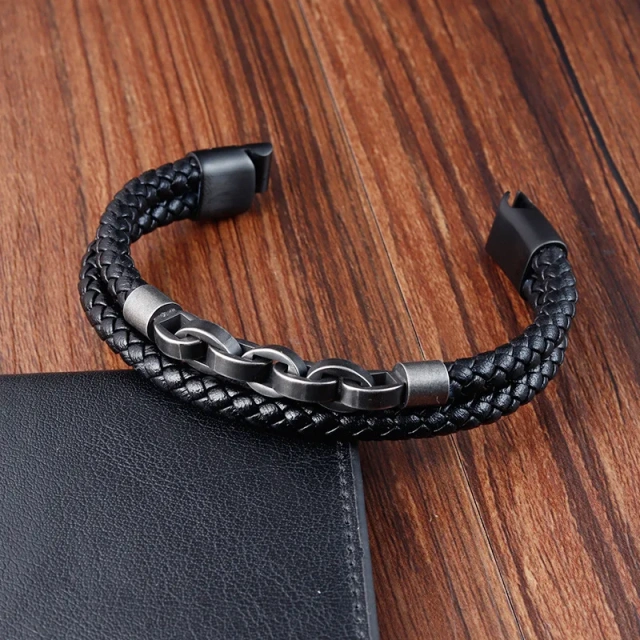 Titanium Steel Men Leather Bracelet 316L Stainless Steel Braided Black Mens Leather Bracelet Engrave logo Accepted