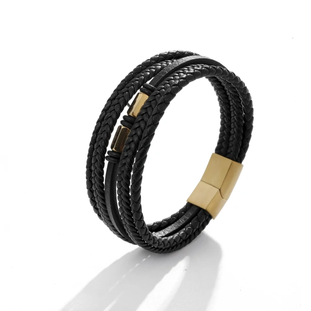 Fashion Gold Plated Silver Plated Stainless Steel Luxury Black Genuine Leather Bracelets for Men