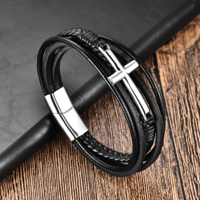 China Wholesale Price Personality Men's Multi-Layer Hand-Woven Leather Stainless Steel Bracelet for Men Leather Fashion Bangles