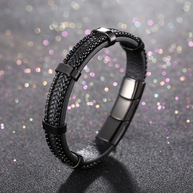 High Quality Fashion Jewelry Custom 21cm Black Stainless Steel Bracelet for Men Leather Bracelet